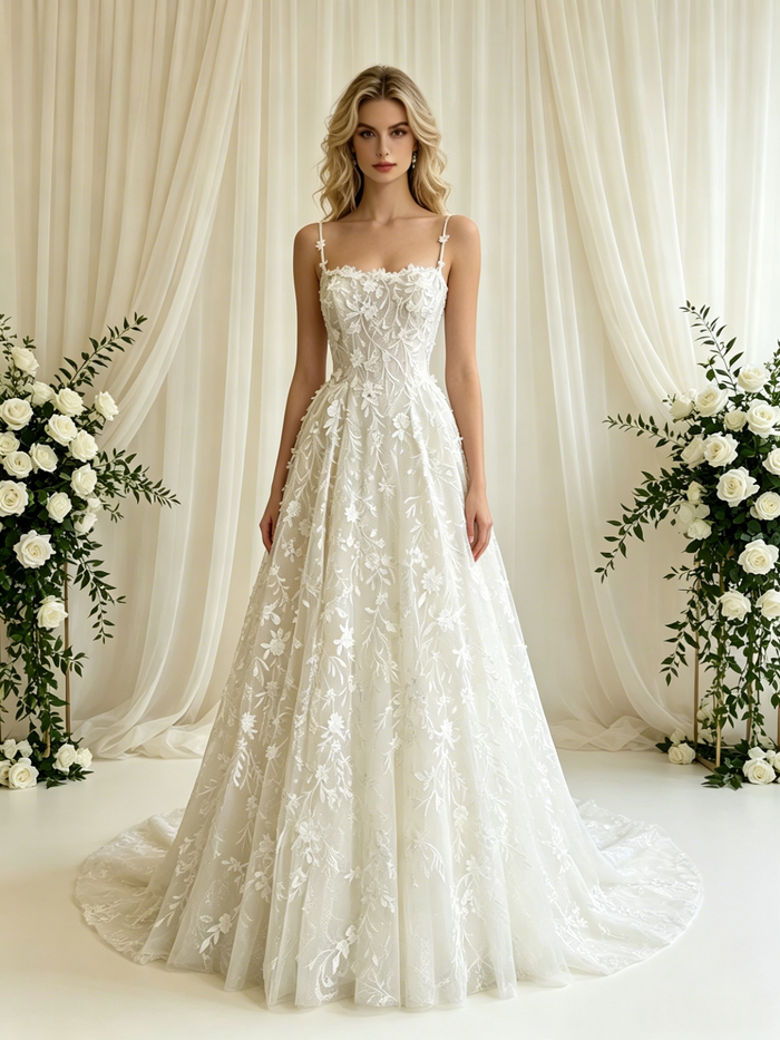 A-line Lace Spaghetti Straps Wedding Dress