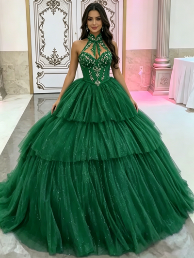 Green Tulle Tiers Halter Quinceanera Dress