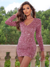 Long Sleeve V-neck Sequined Tight Dress