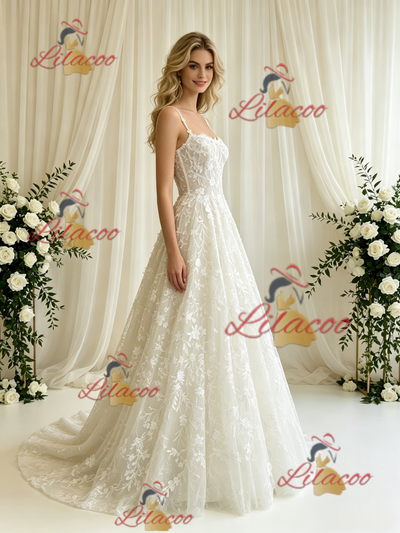 A-line Lace Spaghetti Straps Wedding Dress