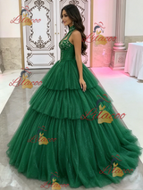 Green Tulle Tiers Halter Quinceanera Dress