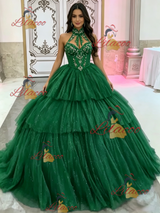 Green Tulle Tiers Halter Quinceanera Dress