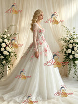 White Tulle V-neck Long Sleeve Appliques Wedding Dress
