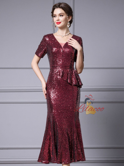 Burgundy Sequins Short Sleeve Mother Of The Bride Dress