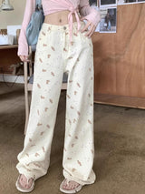 Pink Bear Print Straight Wide-leg Jeans