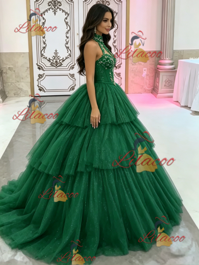 Green Tulle Tiers Halter Quinceanera Dress