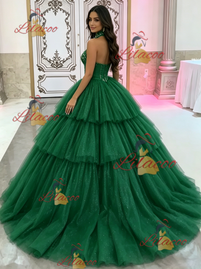 Green Tulle Tiers Halter Quinceanera Dress