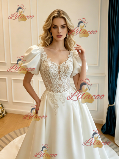 Beige White Satin Appliques Puff Sleeve Wedding Dress