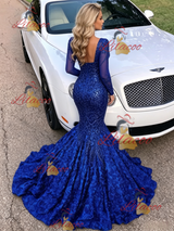 Blue Mermaid Sequins Long Sleeve Prom Dress