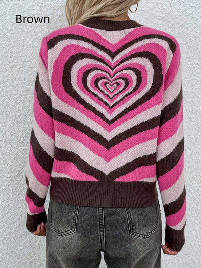 Striped Heart Round Neck Pullover Sweater