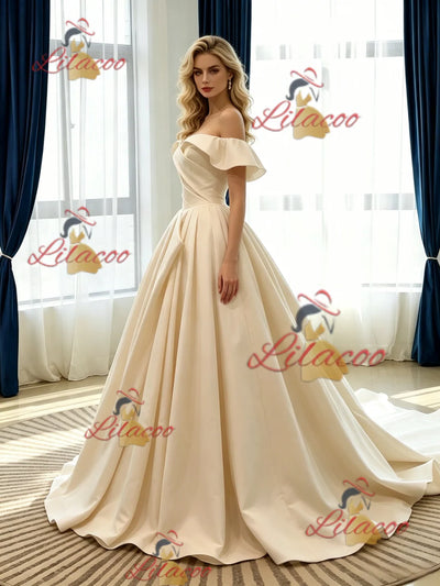 Champagne Satin Off the Shoulder Pleats Wedding Dress
