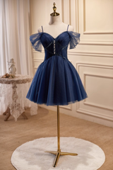 Navy Blue Straps Tulle Pleats Homecoming Dress