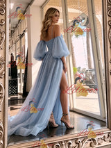 Blue Tulle Straps Puff Sleeve Prom Dress