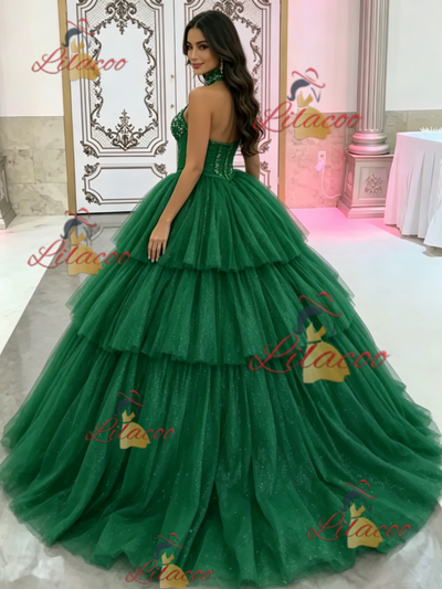 Green Tulle Tiers Halter Quinceanera Dress