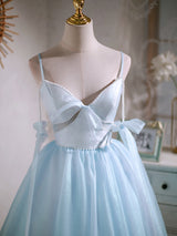 Blue Tulle Straps Pearls Homecoming Dress