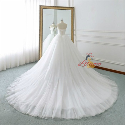 White Strapless Tulle Wedding Dress With Train