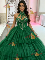 Green Tulle Tiers Halter Quinceanera Dress