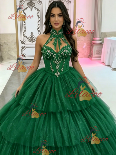 Green Tulle Tiers Halter Quinceanera Dress
