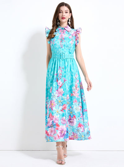 Printed Silm Waist Ruffled Dress