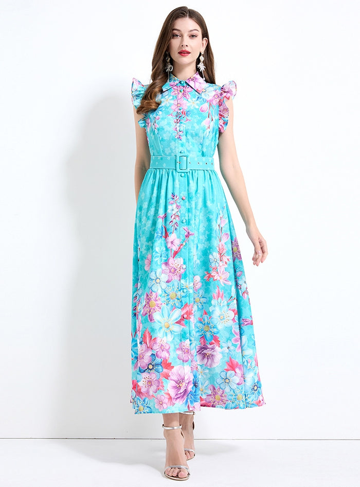 Printed Silm Waist Ruffled Dress