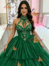 Green Tulle Tiers Halter Quinceanera Dress