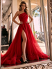 Red Tulle Split Pleats Prom Dress