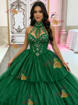 Green Tulle Tiers Halter Quinceanera Dress