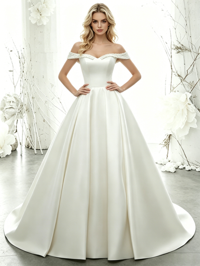 White Satin Off the Shoulder Wedding Dress