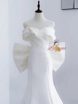 White Mermaid Satin Bow Off the Shoulder Wedding Dress