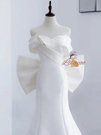 White Mermaid Satin Bow Off the Shoulder Wedding Dress