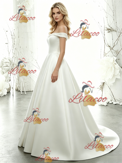 White Satin Off the Shoulder Wedding Dress