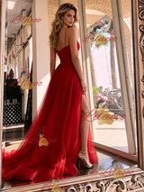 Red Tulle Split Pleats Prom Dress