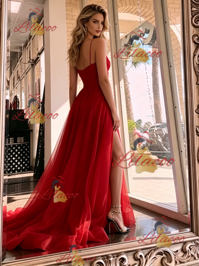 Red Tulle Split Pleats Prom Dress