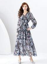 V-neck Lantern Sleeve Long Retro Print Dress