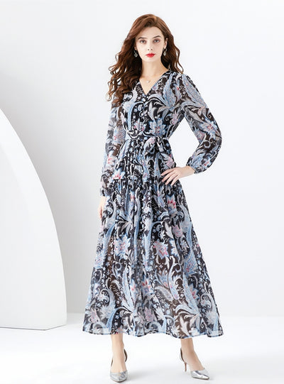 V-neck Lantern Sleeve Long Retro Print Dress
