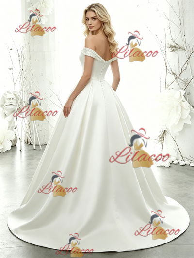 White Satin Off the Shoulder Wedding Dress