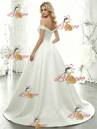 White Satin Off the Shoulder Wedding Dress