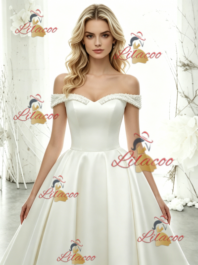 White Satin Off the Shoulder Wedding Dress