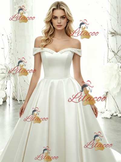White Satin Off the Shoulder Wedding Dress