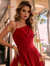 Red Tulle Split Pleats Prom Dress