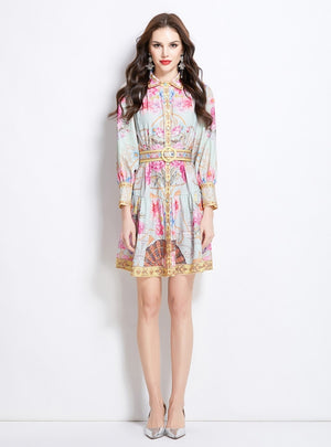 Retro Lapel Breasted Lantern Sleeve Printed Dress