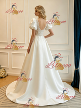 Beige White Satin Appliques Puff Sleeve Wedding Dress