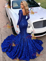 Blue Mermaid Sequins Long Sleeve Prom Dress
