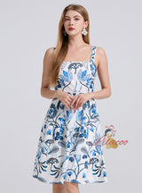 Blue Printed Suspender Dress