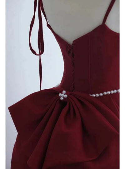 Burgundy Satin Spaghetti Straps Bow Prom Dress
