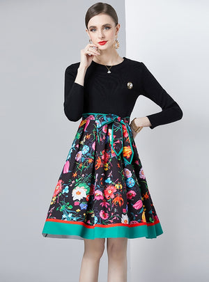 Stitching Vintage Print Dress