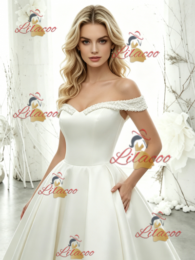White Satin Off the Shoulder Wedding Dress