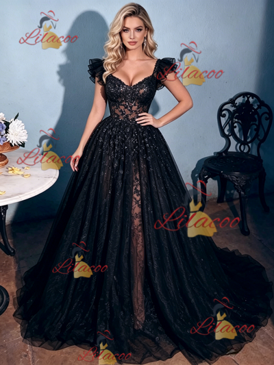 Sexy Black Lace Straps Prom Dress