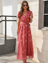 V-neck High Waist Split Short Sleeve Dress