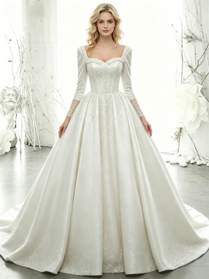 White Short Sleeve Sequins Wedding Dres